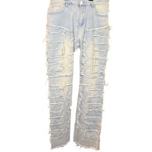 ROMWE Mens Distressed Patchwork Jeans Light Wash Blue Streetwear Denim Size 38